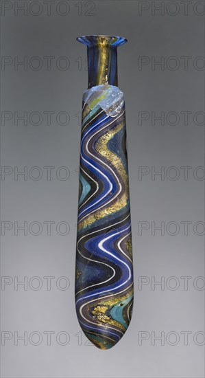 Perfume Flask with Swirled Blue, Black, White, Turquoise, and Gold Ribbons; Eastern Mediterranean or Italy end of 1st century BC