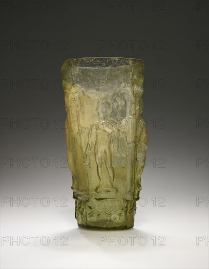 Mythological Beaker; Eastern Mediterranean; second half of 1st century; Glass; 12.5 × 6.1 cm, 4 15,16 × 2 3,8 in