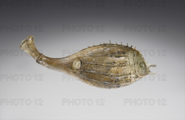 Fish Flask; Roman Empire; 3rd century A.D; Glass; 7.9 × 22 × 2.3 cm, 3 1,8 × 8 11,16 × 7,8 in