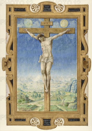Crucifixion; Vincent Raymond, French, died 1557, active by 1535, Rome, Italy; about 1545; Tempera and gold on parchment; Leaf