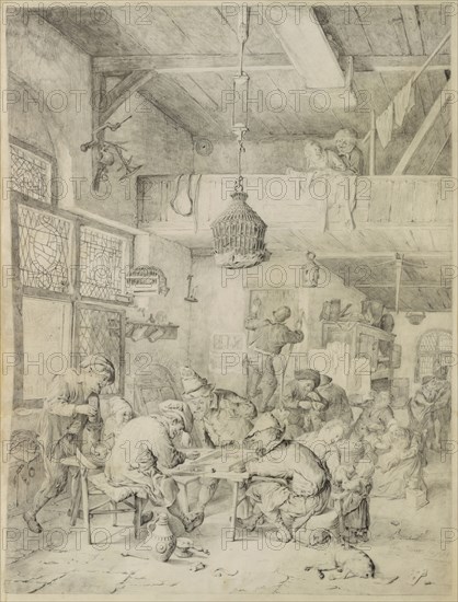 Peasants Playing Backgammon and Merry-Making in a Tavern; Cornelis Dusart, Dutch, 1660 - 1704, 1694; Graphite and pen and gray