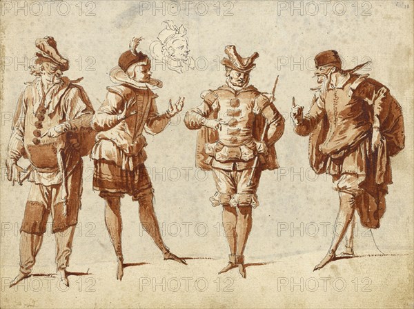 Four Figures in Theatrical Costume; Claude Gillot, French, 1673 - 1722, about 1710; Pen and gray ink and brush with red wash