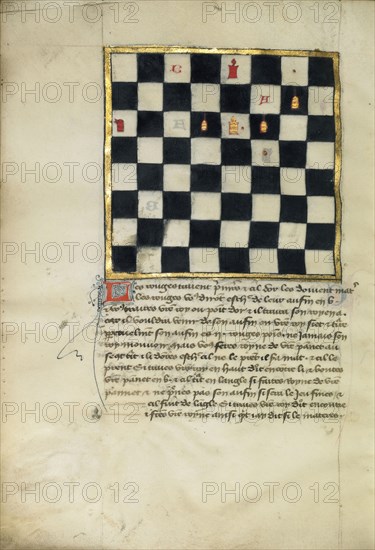 Chess Problem; Northern France, France; late 14th century; Tempera colors and gold leaf on parchment; Leaf: 24.8 x 16.8 cm