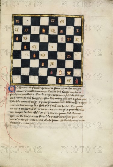 Chess Problem; Northern France, France; late 14th century; Tempera colors and gold leaf on parchment; Leaf: 24.8 x 16.8 cm