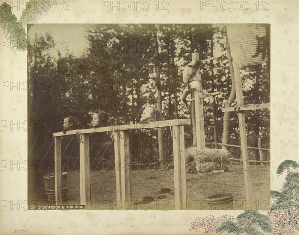 Crucifixion and Gokumon; Felice Beato, 1832 - 1909, Japan; 1863 - 1868; Hand-colored Albumen silver print