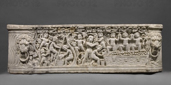 Sarcophagus representing a Dionysiac Vintage Festival; Roman Empire; 290 - 300; Marble; 53.1 × 190 × 23 cm