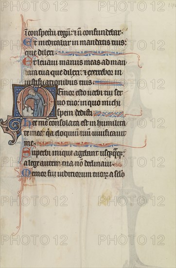 Initial M: A Man Touching a Rock and Pointing; Bute Master, Franco-Flemish, active about 1260 - 1290, Northeastern, illuminated