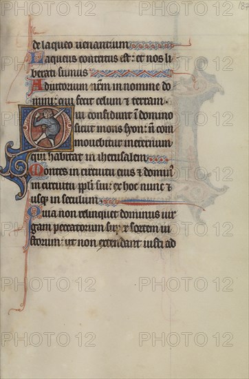 Initial O: A Man Holding a Sword and Pointing to His Eyes; Bute Master, Franco-Flemish, active about 1260 - 1290, Northeastern