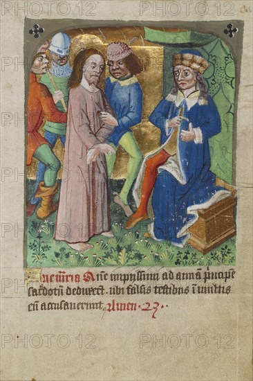 Christ before Annas; Norfolk perhaps, written, East Anglia, England; illumination about 1190; written about 1490; Tempera
