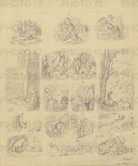 Fourteen Scenes Related to the Tale of Tom Thumb; Oswald Adalbert Sickert, British, 1828 - 1885, Germany; about 1851; Graphite