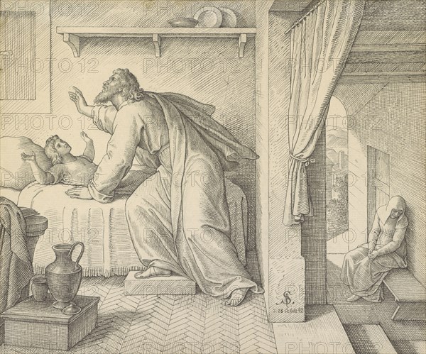 Elijah Revives the Son of the Widow of Zarephath; Julius Schnorr von Carolsfeld, German, 1794 - 1872, Germany; 1842; Black ink