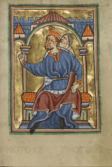 Herod Enthroned; Norfolk perhaps, written, East Anglia, England; illumination about 1190; written about 1490; Tempera colors