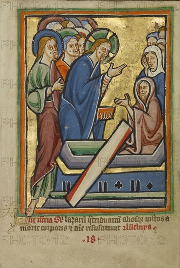 The Raising of Lazarus; Norfolk perhaps, written, East Anglia, England; illumination about 1190; written about 1490; Tempera