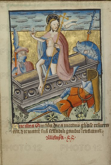 The Resurrection; Norfolk perhaps, written, East Anglia, England; illumination about 1190; written about 1490; Tempera colors