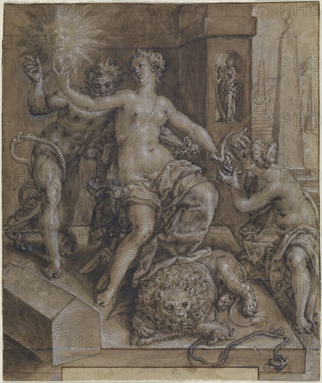 Design for the central section of The Mirror of Virtue; Cornelis Ketel, Dutch, 1548 - 1616, Netherlands; about 1594; Pen