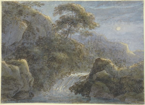 Waterfall in the Mountains by Moonlight; Franz Innocenz Kobell, German, 1749 - 1822, Germany; about 1800; Brown ink, watercolor