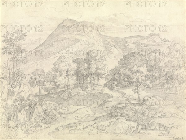 A View of Civitella from the Serpentara next to Olevano; Heinrich Reinhold, German, 1788 - 1825, Italy; 1821; Graphite