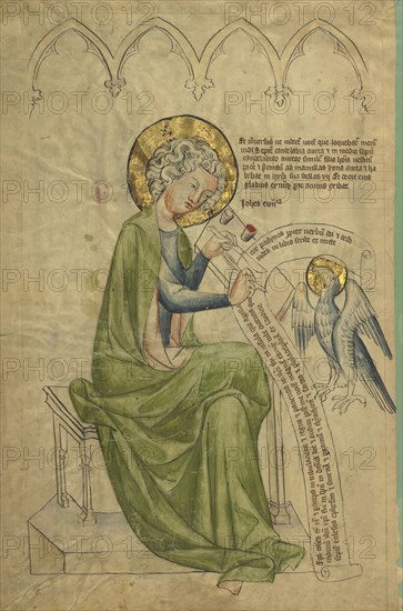 Saint John the Evangelist Writing; Hessen, Germany; about 1340–1350; Tempera colors, gold leaf, and ink on parchment; Leaf: 45.4