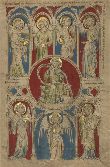 Saint John the Evangelist surrounded by Seven Angels; or Cologne, Germany; about 1340 - 1350; Tempera colors, gold leaf, and ink