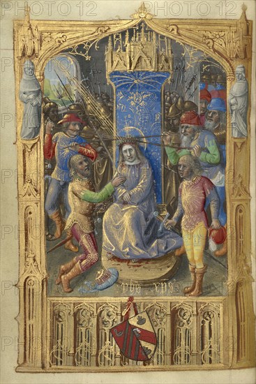 Mocking of Christ; Master of Cardinal Bourbon, French, about 1480 - 1500, Paris, France; about 1500; Tempera colors, ink