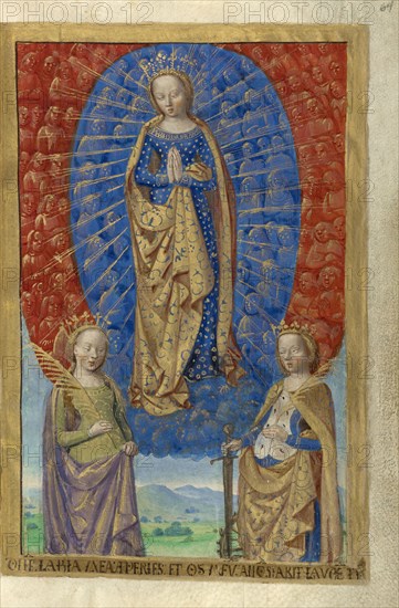 Virgin in Cloud of Angels, with Saints Barbara and Catherine; Master of the Chronique scandaleuse, French, active about 1493
