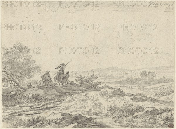 Dune Landscape with Shepherds; Nicolaes Berchem, Dutch, 1620 - 1683, The Netherlands; 1652; Black chalk and grey wash; 14.1