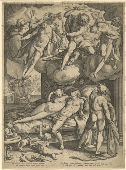 Mars and Venus Surprised by Vulcan; Hendrick Goltzius, Dutch, 1558 - 1617, Netherlands; 1585; Engraving; Plate: 13.7 x 21.6 cm