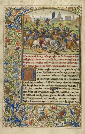 Gillion Defeating King Hector and Gillion Fighting with the Emir of Orbrie; Lieven van Lathem, Flemish, about 1430 - 1493