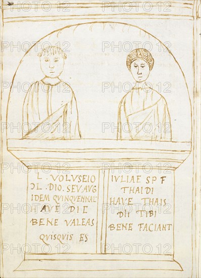 Roman funerary cippus with portrait busts of the deceased couple and an inscription in Latin, Epitaphiorum liber, Giovio