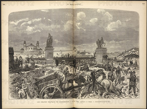 Les grands travaux de l'exposition: le pont d'Iéna surélevé et élargi, Férat, Wood engraving, 1878, Dessiné le 12 avril par M