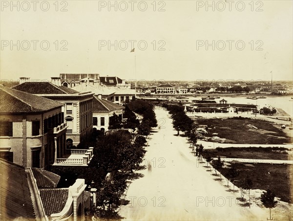 View of Bund and recreation ground, Albumen, 188-?, Title from annotation on mount. This view looking down the Shanghai Bund