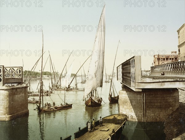 Gezira bridge, Cairo, open for sailing ships to pass through it, Egypt, 1906, Travel albums from Fleury's trips the Middle East