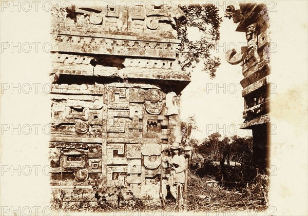 Alice Le Plongeon in front of the east facade of Las Monjas Annex, Chichén Itzá, Views of Maya ruins in the Yucatan, Le Plongeon