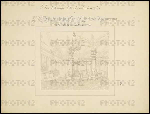 Vue intérieure de la chambre à coucher, Atlas des plans du Palais d'Hiver de sa Majesté Impériale, ca.1847-1855, Ink on paper
