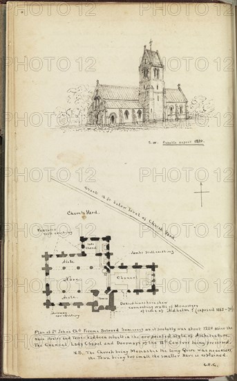 St. John's Church, Froome Selwood, Somerset, Eng., plan and view of exterior, The Quarry: autobiography, ca. 1873-1881, Giles