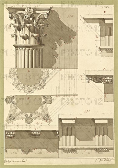 Autografi delle tavole della prima edizione dell' opera, degli Elementi della architettura civile, Vannini, Giuseppe, pen