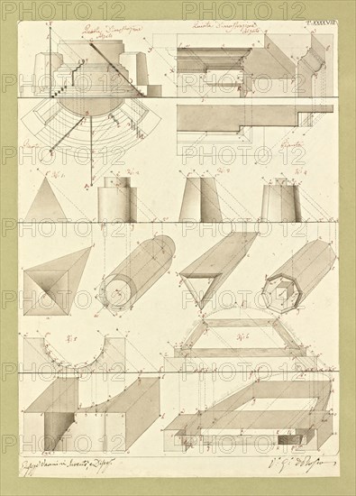 Autografi delle tavole della prima edizione dell' opera, degli Elementi della architettura civile, Vannini, Giuseppe, pen