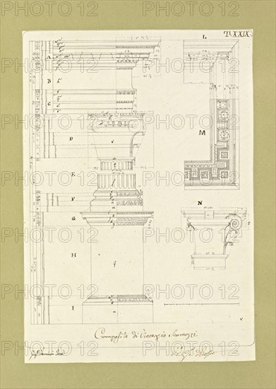 Autografi delle tavole della prima edizione dell' opera, degli Elementi della architettura civile, Vannini, Giuseppe, pen