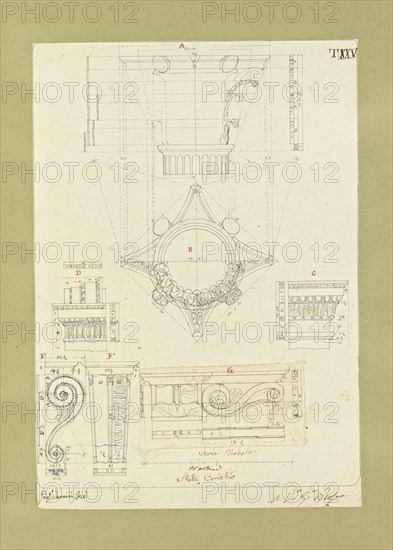 Autografi delle tavole della prima edizione dell' opera, degli Elementi della architettura civile, Vannini, Giuseppe, pen