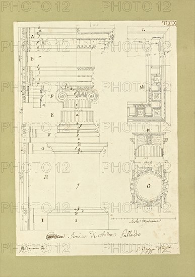 Autografi delle tavole della prima edizione dell' opera, degli Elementi della architettura civile, Vannini, Giuseppe, pen