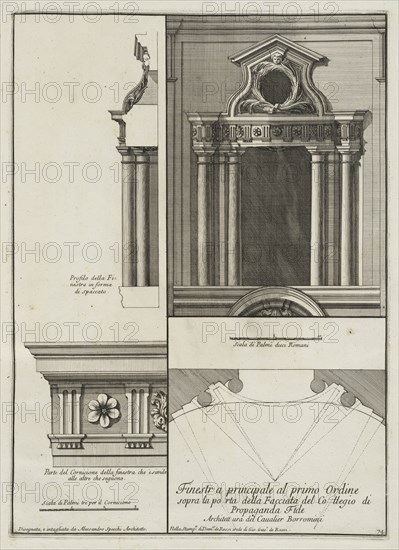 Finestra principale al primo ordine sopra la porta della facciata del Collegio di Propaganda Fide, Stvdio d'architettvra civile