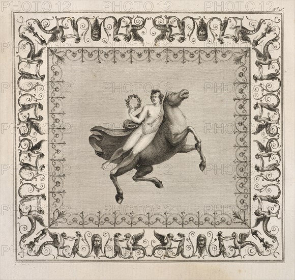 Planche 26: un jeune homme nud est affis sur sa cheval, Description des bains de Titus, ou, Collection des peintures trouvées