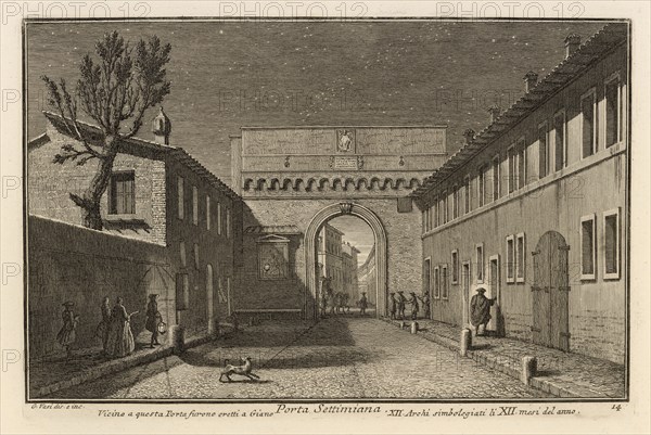 Porta Settimiana, Delle magnificenze di Roma antica e moderna, Vasi, Giuseppe, 1710-1782, Engraving, 1747-1761, plate 14, volume