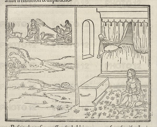 Interior View of Seated Woman, Exterior View of Women Travelling by Carts, La Hypnerotomachia di Poliphilo: cioè pvgna d'amore
