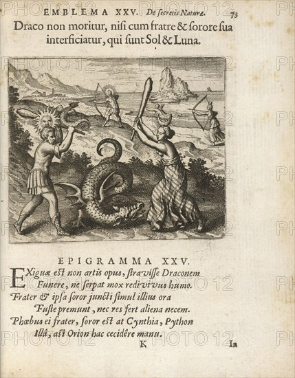 Emblema XXV: Draco non moritur, nisi cum fratre and sorore sua interficiatur, qui sunt Sol and Luna. Michaelis Majeri