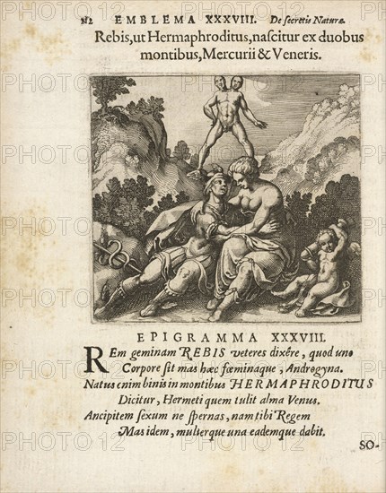 Emblema XXXVIII: Rebis, ut Hermaphroditus, nascitur ex duobus montibus, Mercurii and Veneris. Michaelis Majeri, Secretioris