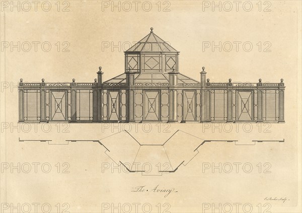 The Aviary, Plans, elevations, sections, and perspective views of the gardens and buildings at Kew, in Surry, Chambers, William