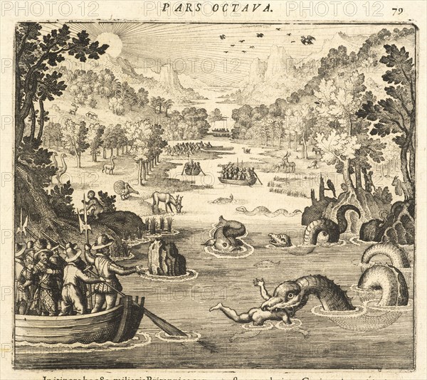 Capitain Gifford travelling in a canoe on the river of Lagartos witnessing a man being devoured by a serpen, Americae pars VIII