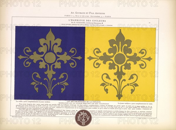 Complimentary colors purple and yellow, L'harmonie des couleurs, Guichard, Édouard, b. 1815, Chromolithograph, 1880, Plate