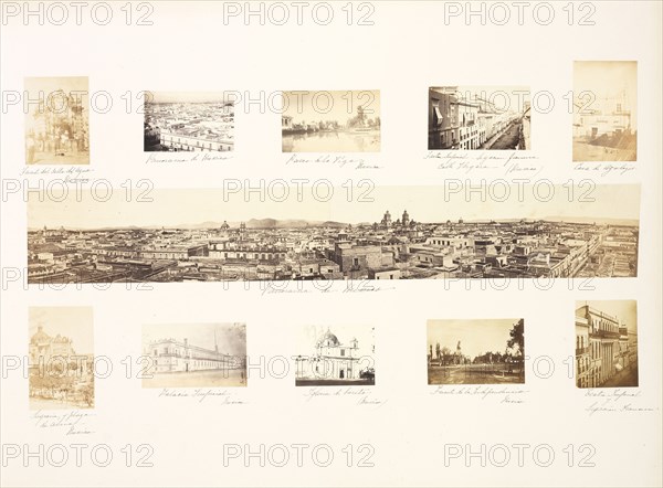 Mexique, 1865-1866, vol. 1, Aubert, Francois, 1829-1906, Albumen, 1865-1867, Panorama of Mexico City surrounded by nine views
